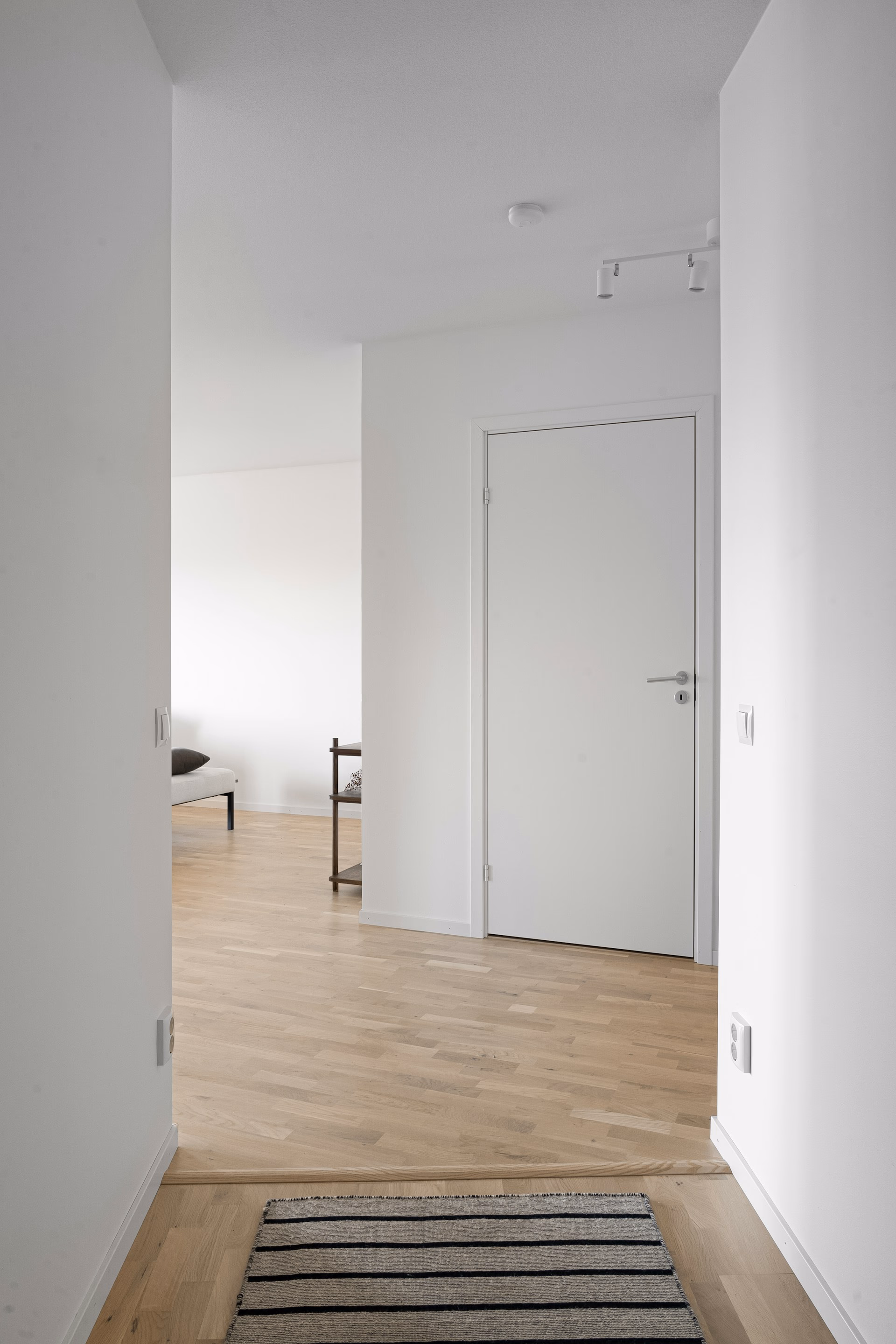 Minimalist room with wooden floor, white walls, a closed white door, and a striped rug on floor.
